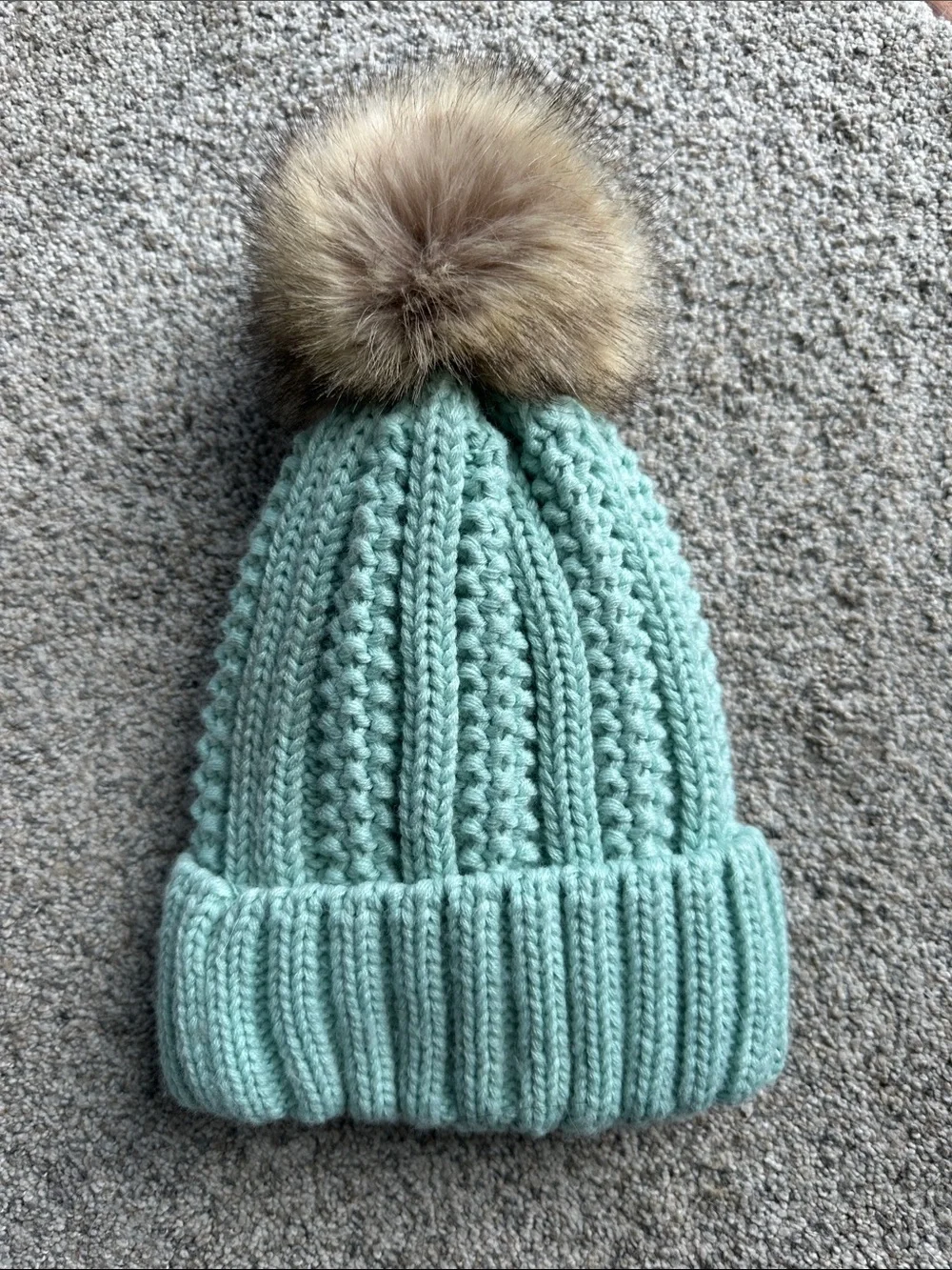 C.C Mint Green Knit Pom Pom Beanie for Kids